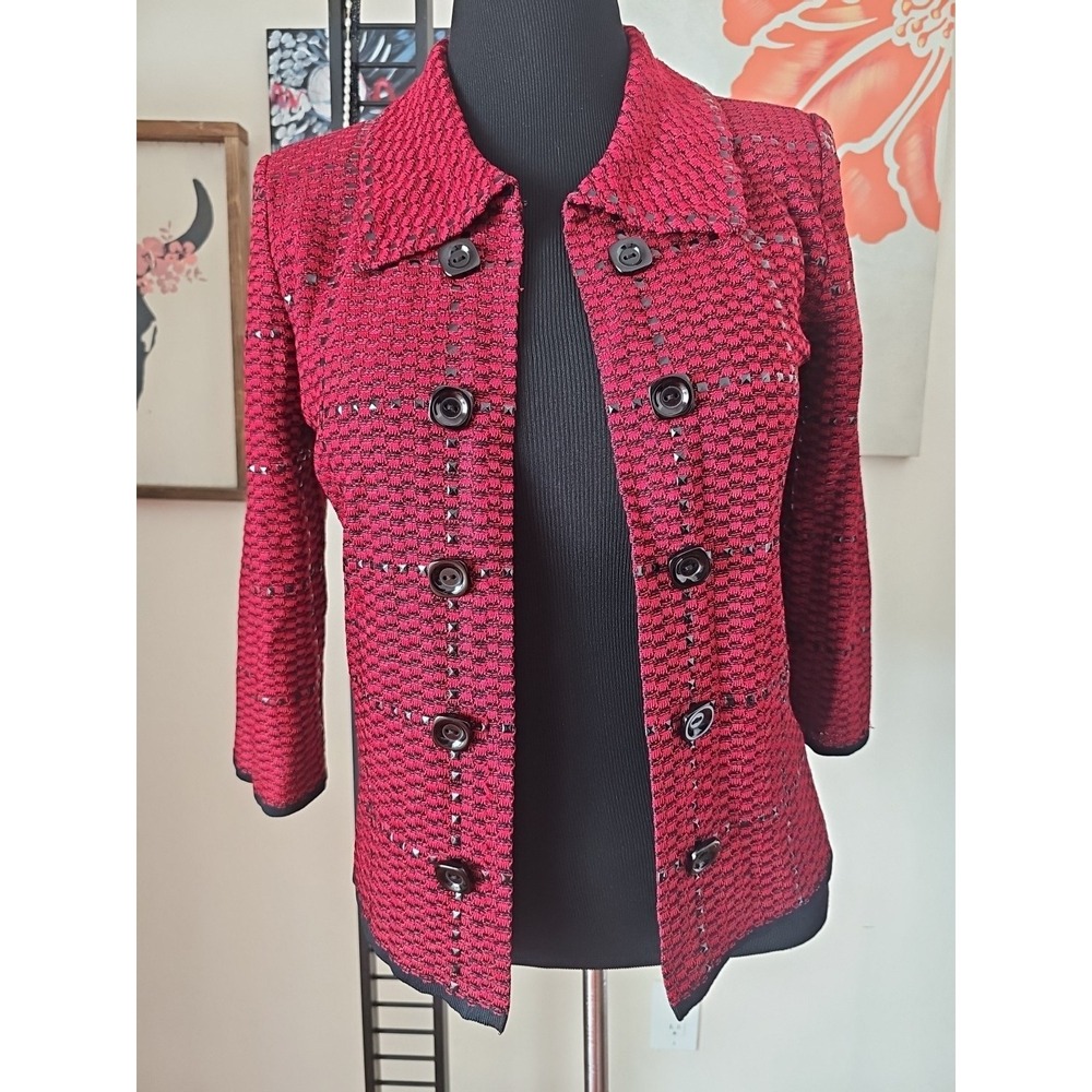 MING WANG Open Front Button Trim Collared Topper Jacket Size S Red Black Studded
